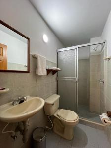亚美尼亚Hotel Armenia Centro的浴室配有卫生间、盥洗盆和淋浴。
