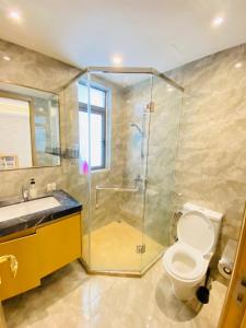 新山R&F Princess Cove Johor Bahru By SShineHome的带淋浴、卫生间和盥洗盆的浴室