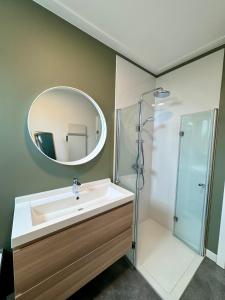 拉纳肯Stylish Home near Maastricht Alicias house的一间带水槽、淋浴和镜子的浴室