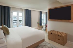圣胡安Hotel Rumbao, a Tribute Portfolio Hotel的配有一张床和一台平面电视的酒店客房