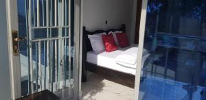 RubavuKivu Summer Hotel的一间卧室配有带白色床单和红色枕头的床。