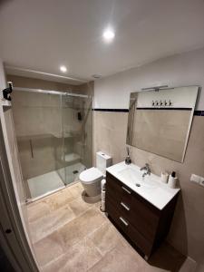马拉加Shanti’s Andalusian Rooms的带淋浴、卫生间和盥洗盆的浴室