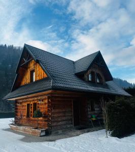 什恰夫尼察Nad Grajcarkiem的雪中带黑色屋顶的小木屋