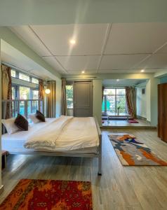 麦罗肯机Eevolve Dharamkot - An Eco Hostel的一间带一张大床的卧室,位于带窗户的房间内