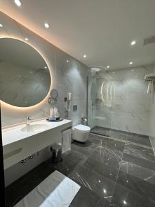 延布Platinum Hotel的一间带水槽、卫生间和镜子的浴室