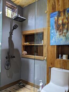 HoatHOMESTAY ĐỐM HOUSE的一间带玻璃淋浴和卫生间的浴室