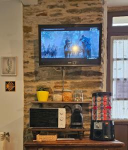 萨里亚阿尔伯格马耶酒店的挂在石墙上的电视
