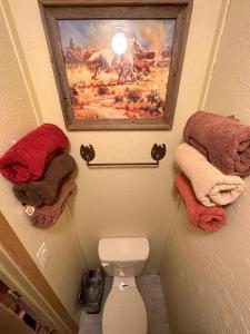 坎顿Acorn Hideaways Canton Old Western Ranch Hands' Suite的浴室设有绘画和带毛巾的卫生间