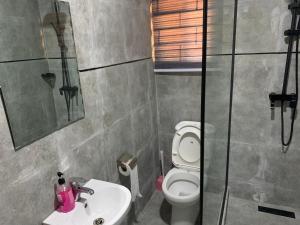 阿布贾Adel’s Place的浴室配有卫生间、盥洗盆和淋浴。