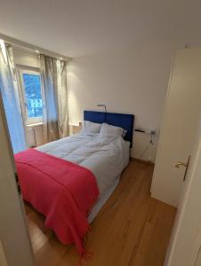 布鲁嫩Lake Lucerne Paradise apartment的一间卧室配有一张床铺,床上铺有红色毯子