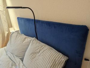 布鲁嫩Lake Lucerne Paradise apartment的配有枕头和灯的蓝色床头板