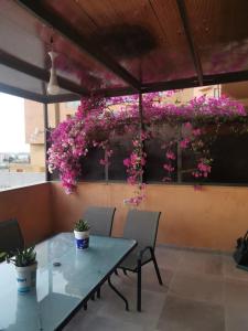 索瓦马A wonderful stay at the Dead Sea的墙上挂着粉红色花的桌椅