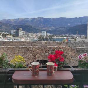 布德瓦Guesthouse Bogdanovic的桌上的两杯咖啡杯,上面有鲜花