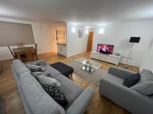 伦敦Entire Apartment - Excel Exhibition Centre O2 Arena London Royal Victoria Canning Town的客厅配有两张沙发和一台电视