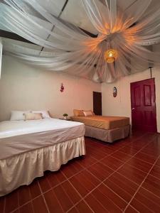 康塞普西翁德阿塔科Hostal Lenha的一间卧室设有两张床和天花板