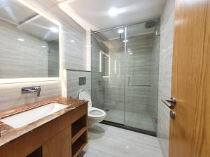 瓜廖尔The Moziac Hotel的带淋浴、卫生间和盥洗盆的浴室