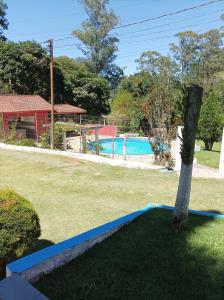 瓜鲁柳斯Chácara, 3 suítes, piscina, lago, wi-fi 250 mbps的院子中间的树