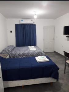 卡塔马卡La Chacarita apart的一间卧室配有蓝色的床和蓝色窗帘