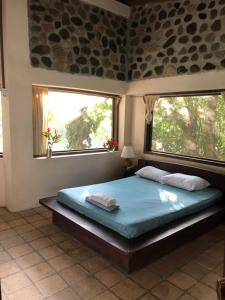 拉塞瓦Jungle River Lodge的一间卧室设有一张大床和两个窗户