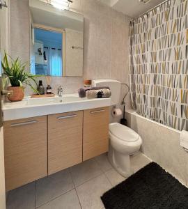卡托加兹阿Aurora Pelion Guest House的一间带卫生间、水槽和镜子的浴室