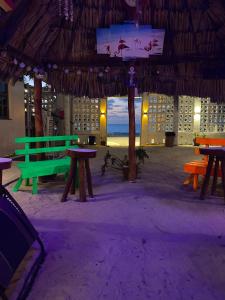 塞莱斯通Hotel San Julio的一组桌子和长椅,位于一座拥有海滩的建筑中