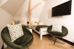普劳恩außergewöhnliche Ferienwohnung Stadtvilla Plauen的一间卧室配有一张床、两把椅子和电视