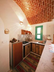 ChebbaDouira S+1的厨房设有木制橱柜和砖砌天花板。