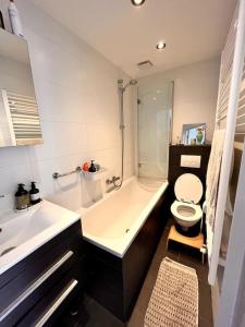 阿姆斯特丹Lovely, light and calm 1-bedroom apartment的浴室配有盥洗盆、卫生间和浴缸。