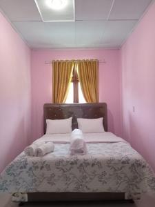 图克图克Alice Villa2的一间卧室配有一张粉红色的墙壁和窗户。