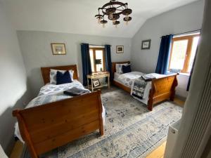康镇Salmon Weir Lodge的一间卧室配有两张床和吊灯。