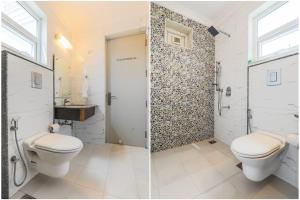 古尔冈Hotel Wedlock 39的浴室的两张照片,配有卫生间和水槽