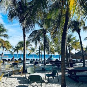 威廉斯塔德Villa at Blue Bay Resort with stunning view的棕榈树海滩,沙滩上摆放着桌椅