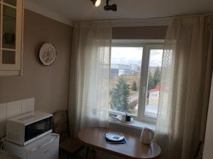塔尔图Jalaka, Nice 2-bedroom apartment - 1 big bed - 2 single bed的厨房设有窗户和带微波炉的桌子。