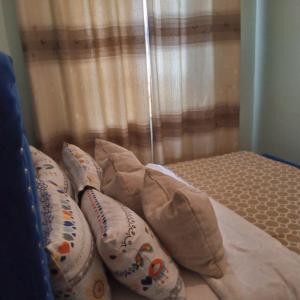 ThikaVerona Airbnb的床上配有枕头,床帘