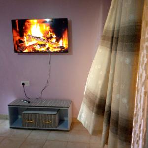 ThikaVerona Airbnb的客厅里的壁炉,墙上有电视