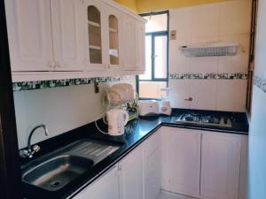 奥鲁罗COMODORO DEPARTAMENTOS的厨房配有白色橱柜和水槽