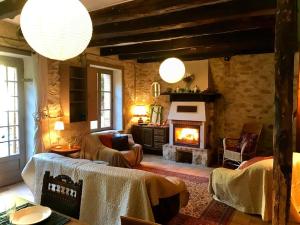 VeyracMaison des Séquoias - Parc 1 hectare-的一间带壁炉的客厅,位于一座石头建筑中