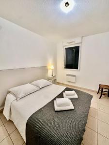 里摩日T3 Georges Beljean - DABNB的一间卧室配有一张大床和两条毛巾