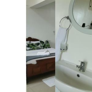 蒙巴萨Millan Homes的一间带水槽和镜子的浴室以及一张床