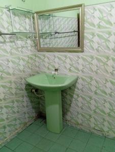 贾夫纳NMA Holiday INN的一间带绿色水槽和镜子的浴室