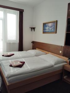 捷克布杰约维采拉克斯酒店的一间卧室配有一张床,上面有托盘