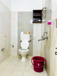 普塔帕蒂sai bliss的一间带卫生间和红色桶的浴室