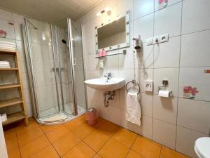 鲁斯特杜斯特旅馆的一间带水槽和淋浴的浴室