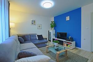 SinacHoliday Home Sinac的带沙发和蓝色墙壁的客厅