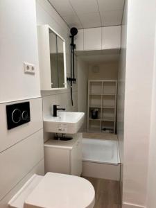 海尔布隆Especially souterrain apartment的浴室配有卫生间、盥洗盆和浴缸。
