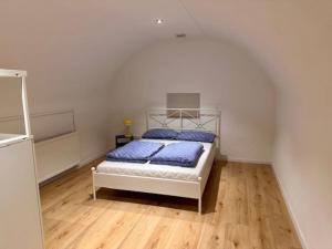 海尔布隆Especially souterrain apartment的一间卧室配有一张带蓝色枕头的床。