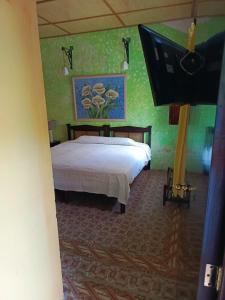 帕潘特拉德奧拉特Posada Familiar Papantla的卧室配有一张床,墙上挂有绘画作品