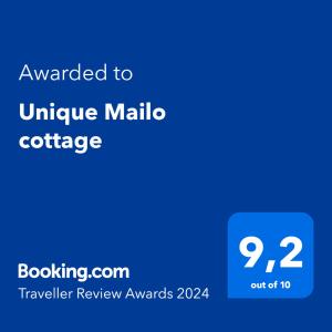 里加Unique Mailo cottage的蓝色文本框,上面有授予独特麦利诺咖啡的词