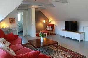 BjärredBjerred B&B的客厅配有红色沙发和电视