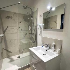 巴拉吕克莱班LE CENTRAL HOTEL BAR RESTAURANT的一间带水槽和玻璃淋浴的浴室